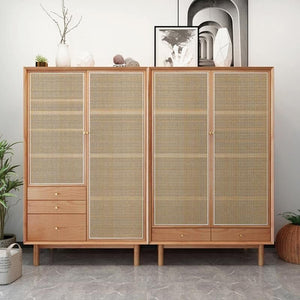 Bernadette Rattan & Oak Wardrobe – Contemporary Hallway Storage Cabinet with Natural Rattan Detailing, Wooden Finish Storage Unit for Bedroom & Entryway - Sleek Furniture