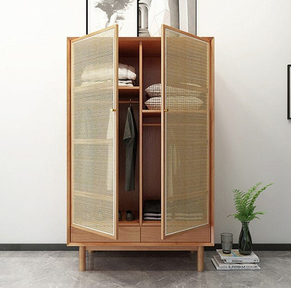 Bernadette Rattan & Oak Wardrobe – Contemporary Hallway Storage Cabinet with Natural Rattan Detailing, Wooden Finish Storage Unit for Bedroom & Entryway - Sleek Furniture