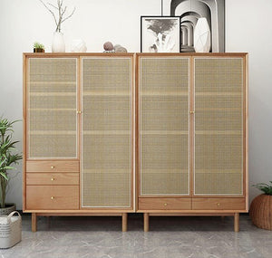 Bernadette Rattan & Oak Wardrobe – Contemporary Hallway Storage Cabinet with Natural Rattan Detailing, Wooden Finish Storage Unit for Bedroom & Entryway - Sleek Furniture