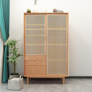 Bernadette Rattan & Oak Wardrobe – Contemporary Hallway Storage Cabinet with Natural Rattan Detailing, Wooden Finish Storage Unit for Bedroom & Entryway - Sleek Furniture
