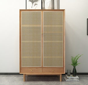 Bernadette Rattan & Oak Wardrobe – Contemporary Hallway Storage Cabinet with Natural Rattan Detailing, Wooden Finish Storage Unit for Bedroom & Entryway - Sleek Furniture