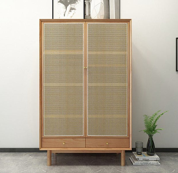 Bernadette Rattan & Oak Wardrobe – Contemporary Hallway Storage Cabinet with Natural Rattan Detailing, Wooden Finish Storage Unit for Bedroom & Entryway - Sleek Furniture