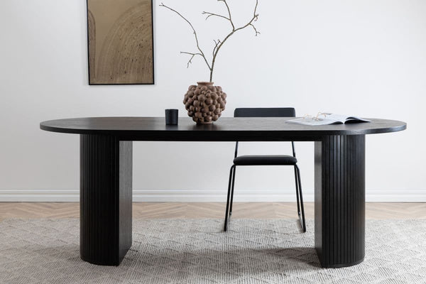Bianca Oval Dining Table | Walnut Finish, Modern Ribbed Base( Black)