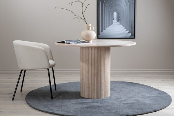Bianca Round Dining Table | White Wash MDF with Ribbed Cylindrical Base