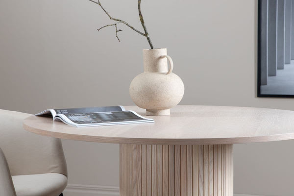 Bianca Round Dining Table | White Wash MDF with Ribbed Cylindrical Base