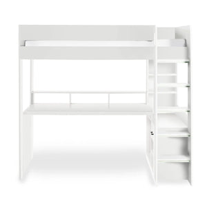 Blaze Gaming High Sleeper Bed Frame with Integrated Desk, Storage Drawers & Shelving – White - Sleek Furniture