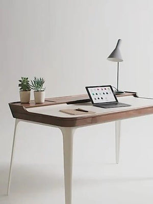 Brannan Modern Office Desk with LED Mirror & Sideboard Storage Unit – Walnut Wood Workstation & Dressing Table Combo (White/Walnut Finish) - Sleek Furniture