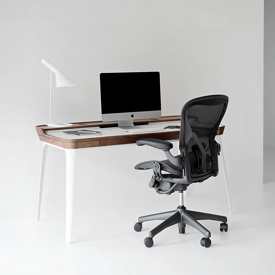 Brannan Modern Office Desk with LED Mirror & Sideboard Storage Unit – Walnut Wood Workstation & Dressing Table Combo (White/Walnut Finish) - Sleek Furniture