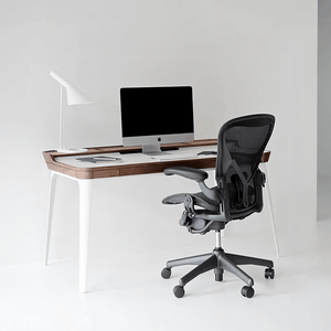 Brannan Modern Office Desk with LED Mirror & Sideboard Storage Unit – Walnut Wood Workstation & Dressing Table Combo (White/Walnut Finish) - Sleek Furniture