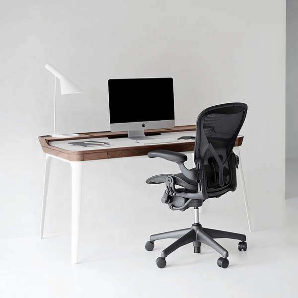 Brannan Modern Office Desk with LED Mirror & Sideboard Storage Unit – Walnut Wood Workstation & Dressing Table Combo (White/Walnut Finish) - Sleek Furniture