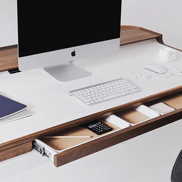 Brannan Modern Office Desk with LED Mirror & Sideboard Storage Unit – Walnut Wood Workstation & Dressing Table Combo (White/Walnut Finish) - Sleek Furniture