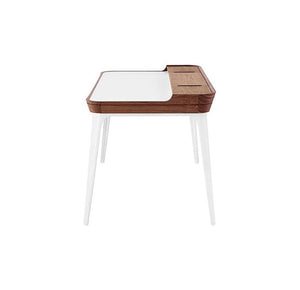 Brannan Modern Office Desk with LED Mirror & Sideboard Storage Unit – Walnut Wood Workstation & Dressing Table Combo (White/Walnut Finish) - Sleek Furniture