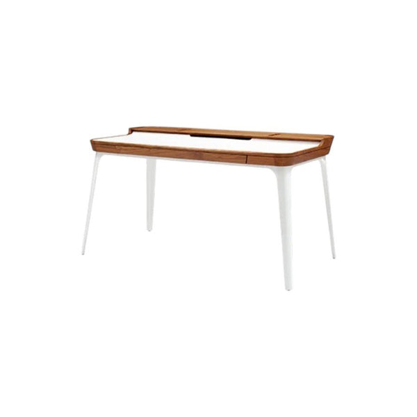 Brannan Modern Office Desk with LED Mirror & Sideboard Storage Unit – Walnut Wood Workstation & Dressing Table Combo (White/Walnut Finish) - Sleek Furniture
