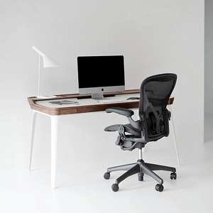 Brannan Modern Office Desk with LED Mirror & Sideboard Storage Unit – Walnut Wood Workstation & Dressing Table Combo (White/Walnut Finish) - Sleek Furniture