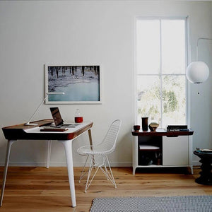 Brannan Modern Office Desk with LED Mirror & Sideboard Storage Unit – Walnut Wood Workstation & Dressing Table Combo (White/Walnut Finish) - Sleek Furniture