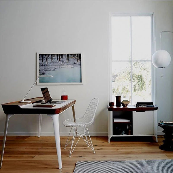 Brannan Modern Office Desk with LED Mirror & Sideboard Storage Unit – Walnut Wood Workstation & Dressing Table Combo (White/Walnut Finish) - Sleek Furniture