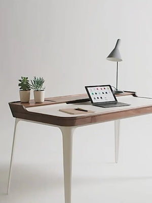 Brannan Modern Office Desk with LED Mirror & Sideboard Storage Unit – Walnut Wood Workstation & Dressing Table Combo (White/Walnut Finish) - Sleek Furniture