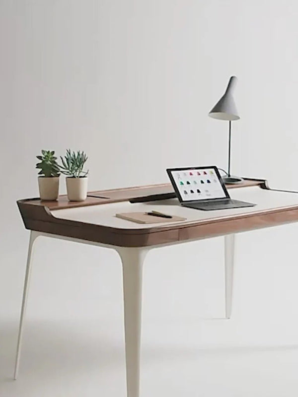 Brannan Modern Office Desk with LED Mirror & Sideboard Storage Unit – Walnut Wood Workstation & Dressing Table Combo (White/Walnut Finish) - Sleek Furniture