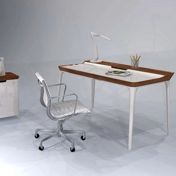 Brannan Modern Office Desk with LED Mirror & Sideboard Storage Unit – Walnut Wood Workstation & Dressing Table Combo (White/Walnut Finish) - Sleek Furniture