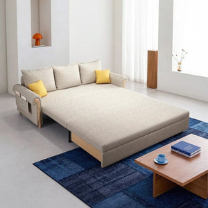 Braylene Linen Two Seater Sofa Bed – Convertible Fabric Sofa with Wooden Frame, Space-Saving Guest Bed for Living Room or Bedroom, Beige - Sleek Furniture