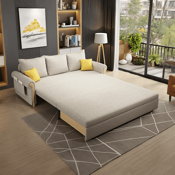 Braylene Linen Two Seater Sofa Bed – Convertible Fabric Sofa with Wooden Frame, Space-Saving Guest Bed for Living Room or Bedroom, Beige - Sleek Furniture