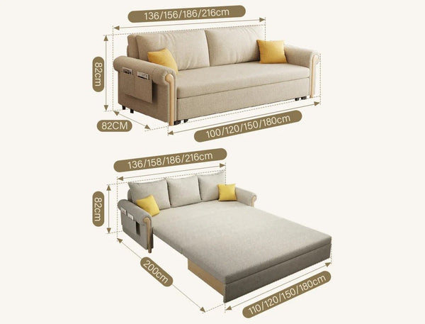 Braylene Linen Two Seater Sofa Bed – Convertible Fabric Sofa with Wooden Frame, Space-Saving Guest Bed for Living Room or Bedroom, Beige - Sleek Furniture