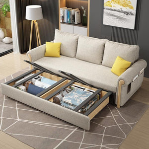 Braylene Linen Two Seater Sofa Bed – Convertible Fabric Sofa with Wooden Frame, Space-Saving Guest Bed for Living Room or Bedroom, Beige - Sleek Furniture