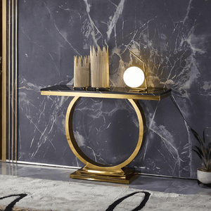 Brody Luxury Console Table with Sintered Stone Top, Gold Metal Frame Hallway Entrance Table, Modern Narrow Sofa Side Display Table - Sleek Furniture