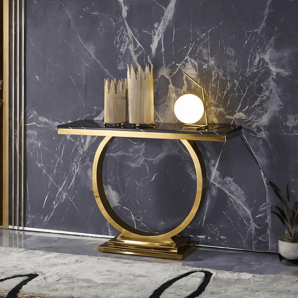 Brody Luxury Console Table with Sintered Stone Top, Gold Metal Frame Hallway Entrance Table, Modern Narrow Sofa Side Display Table - Sleek Furniture