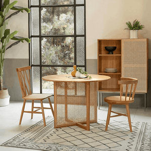 Bruce Round Rattan Dining Table Light Oak Finish Contemporary Ash Wood Dining Table for Kitchen Dining Room Compact Space Saving Table - Sleek Furniture