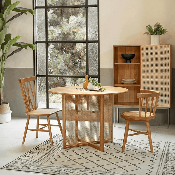Bruce Round Rattan Dining Table Light Oak Finish Contemporary Ash Wood Dining Table for Kitchen Dining Room Compact Space Saving Table - Sleek Furniture