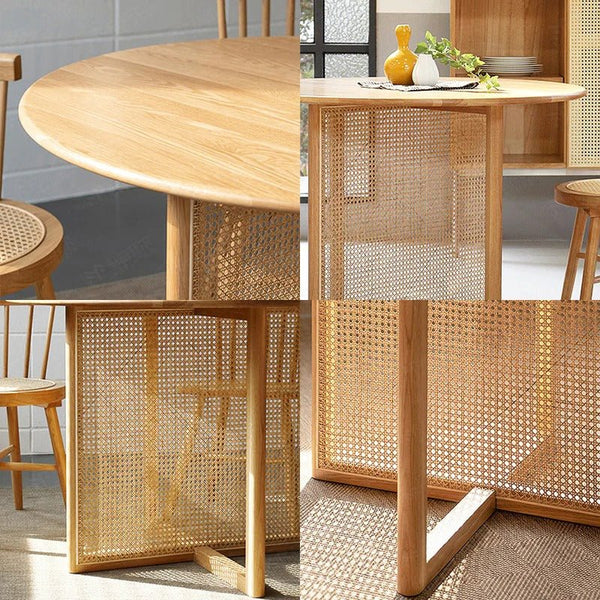 Bruce Round Rattan Dining Table Light Oak Finish Contemporary Ash Wood Dining Table for Kitchen Dining Room Compact Space Saving Table - Sleek Furniture