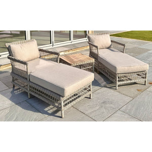 Provence Collection Outdoor Sun Lounger Set with Acacia Wood Table – Weather-Resistant HDPE Wicker & Olefin Cushions