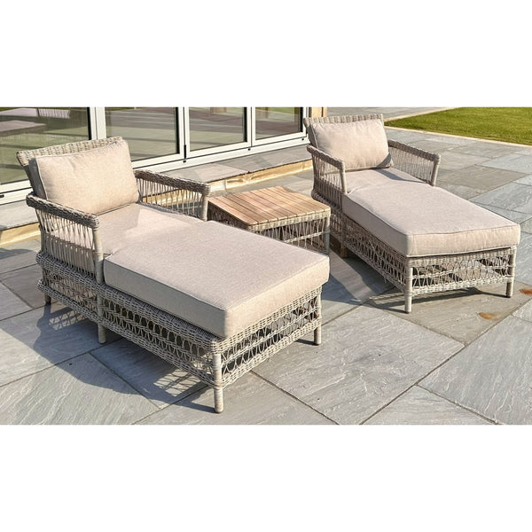 Provence Collection Outdoor Sun Lounger Set with Acacia Wood Table – Weather-Resistant HDPE Wicker & Olefin Cushions