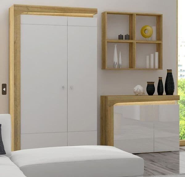 Cadillac Oak Effect & White Gloss 2-Door Wardrobe with LED Lights – 2 Hanging Rails, 4 Shelves, Modern Bedroom Storage – H197cm x W102cm x D55.8cm - My Store