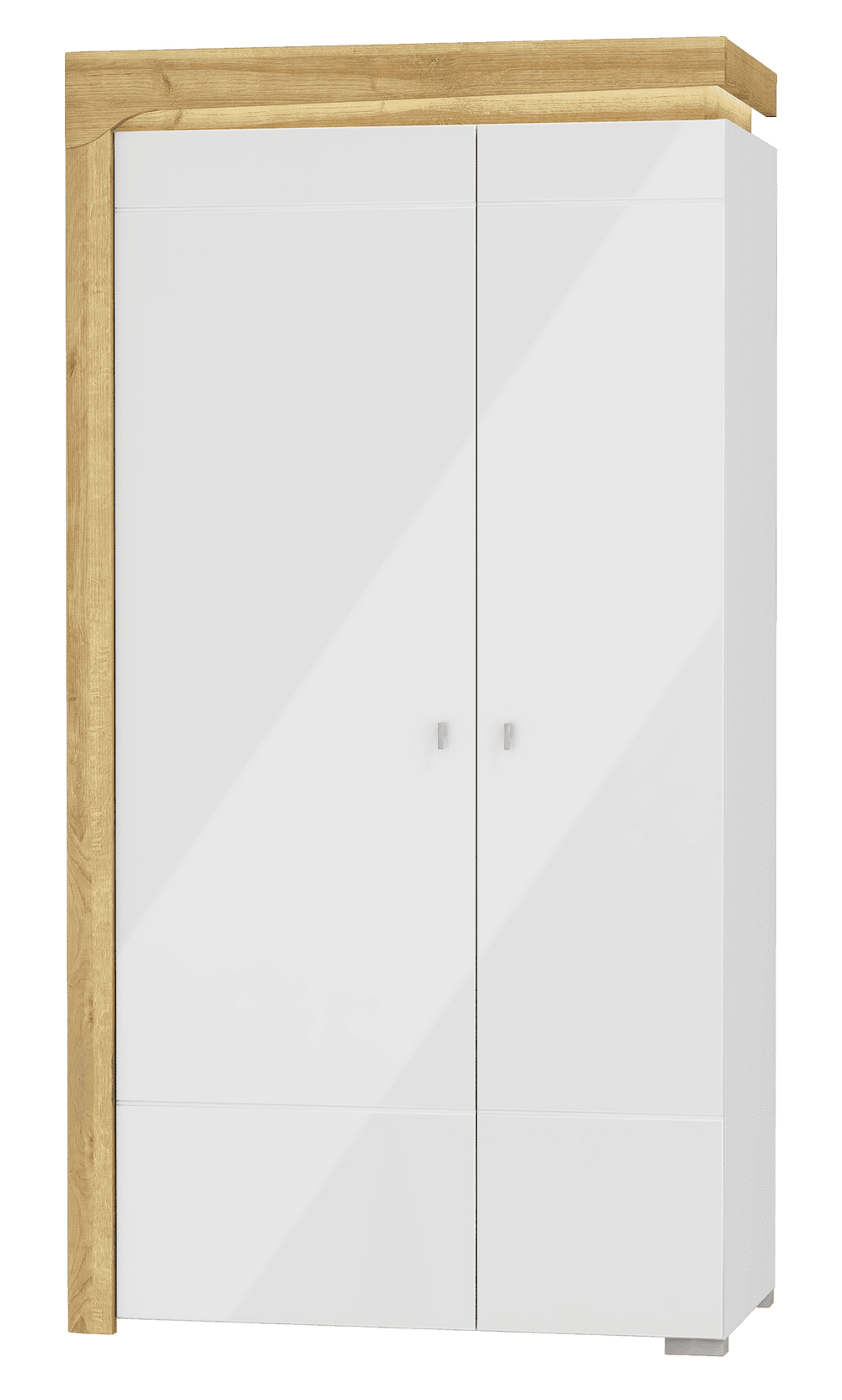 Cadillac Oak Effect & White Gloss 2-Door Wardrobe with LED Lights – 2 Hanging Rails, 4 Shelves, Modern Bedroom Storage – H197cm x W102cm x D55.8cm - My Store
