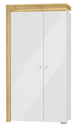 Cadillac Oak Effect & White Gloss 2-Door Wardrobe with LED Lights – 2 Hanging Rails, 4 Shelves, Modern Bedroom Storage – H197cm x W102cm x D55.8cm - My Store
