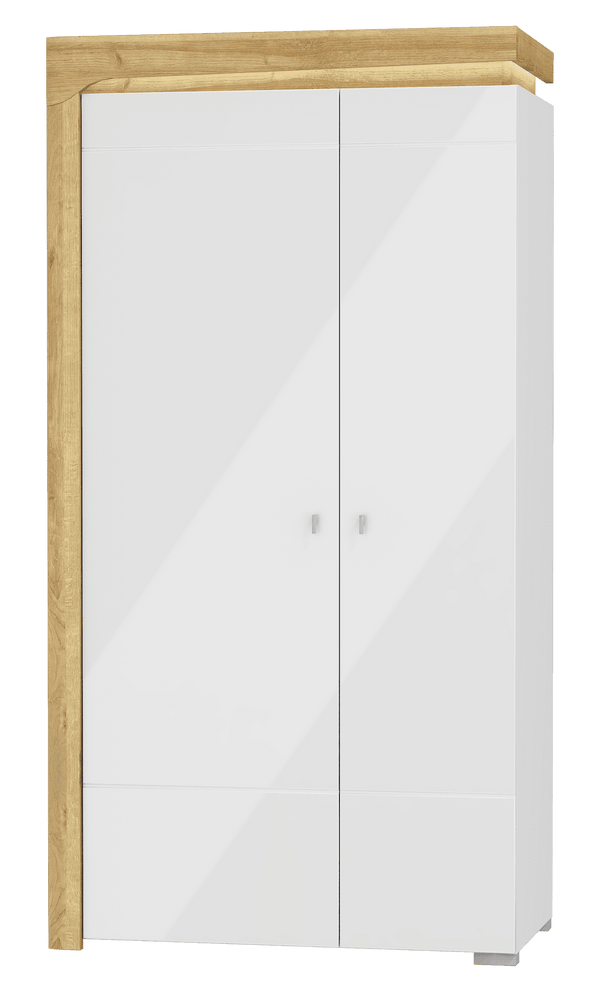 Cadillac Oak Effect & White Gloss 2-Door Wardrobe with LED Lights – 2 Hanging Rails, 4 Shelves, Modern Bedroom Storage – H197cm x W102cm x D55.8cm - My Store