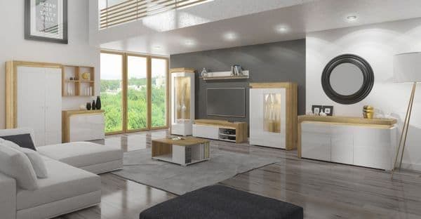 Cadillac Oak Effect & White Gloss 2-Door Wardrobe with LED Lights – 2 Hanging Rails, 4 Shelves, Modern Bedroom Storage – H197cm x W102cm x D55.8cm - My Store