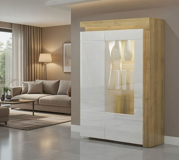 Cadillac Oak & White Gloss Low Wide Display Cabinet with LED Lights – Glass Door, 2 Glass Shelves, Contemporary Living Room Furniture – 148.5cm H x 102cm W x 42.8cm D - My Store