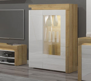 Cadillac Oak & White Gloss Low Wide Display Cabinet with LED Lights – Glass Door, 2 Glass Shelves, Contemporary Living Room Furniture – 148.5cm H x 102cm W x 42.8cm D - My Store