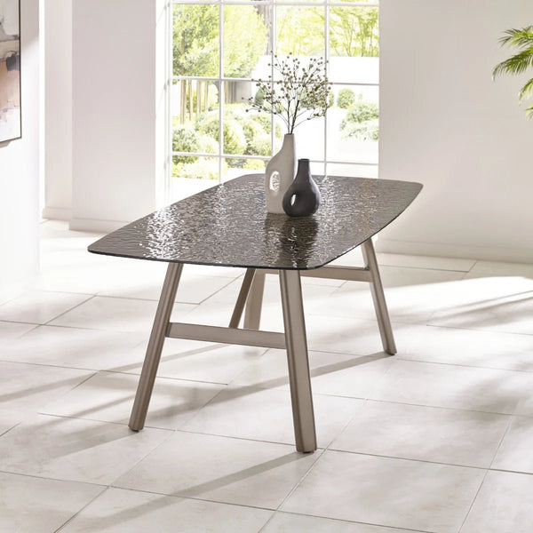 Callisto Smoked Bubble Glass Dining Table with Brushed Bronze Metal Legs – Seats 6 – 200cm - Sleek Furniture