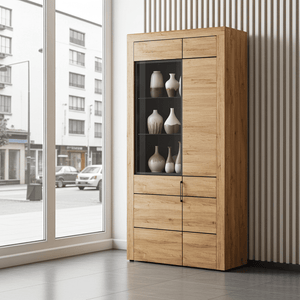 Camar Large 2-Door Display Cabinet in Camargue Oak Effect with LED Lighting & Black Metal Handles – Modern Curved-Edge Storage Unit - My Store