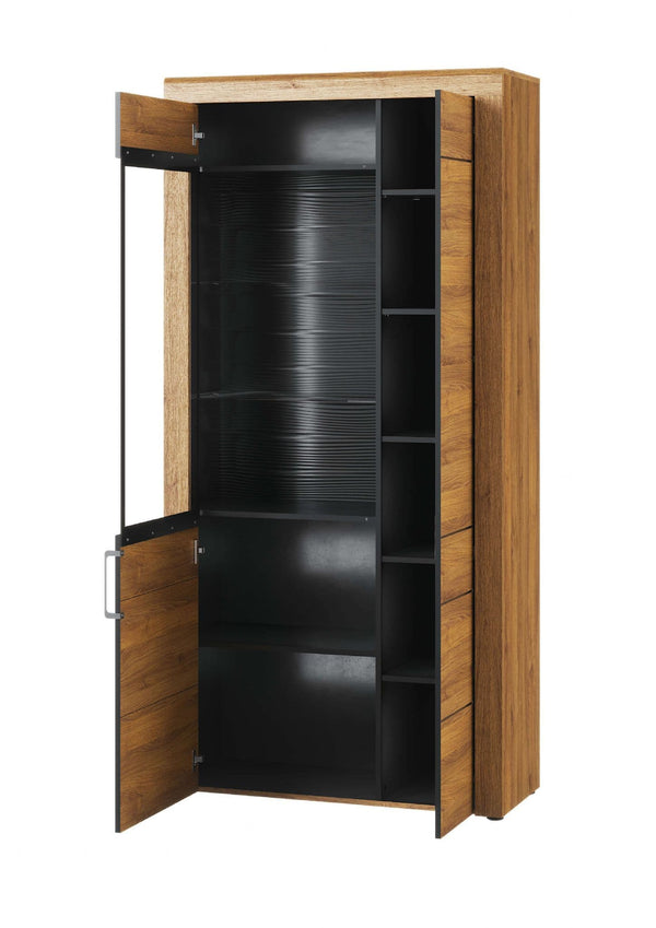 Camar Large 2-Door Display Cabinet in Camargue Oak Effect with LED Lighting & Black Metal Handles – Modern Curved-Edge Storage Unit - My Store