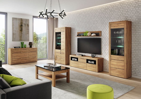 Camar Large 2-Door Display Cabinet in Camargue Oak Effect with LED Lighting & Black Metal Handles – Modern Curved-Edge Storage Unit - My Store