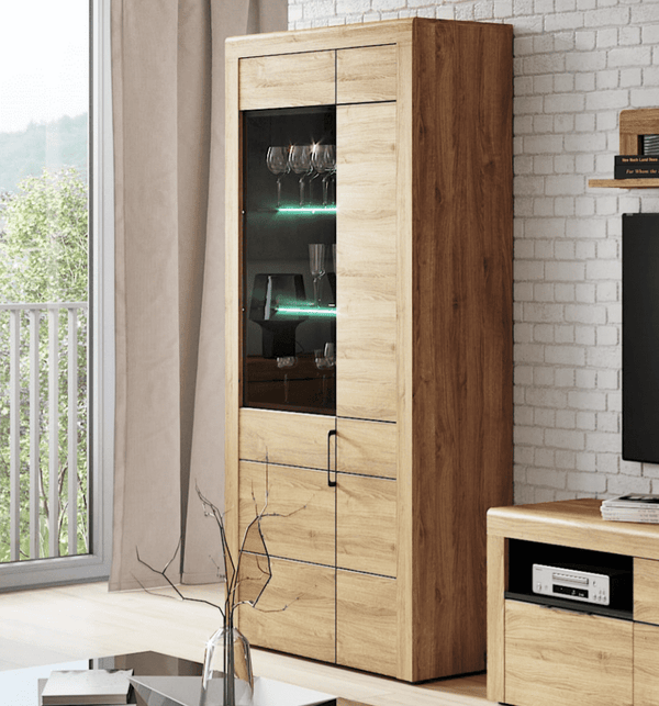 Camar Large 2-Door Display Cabinet in Camargue Oak Effect with LED Lighting & Black Metal Handles – Modern Curved-Edge Storage Unit - My Store
