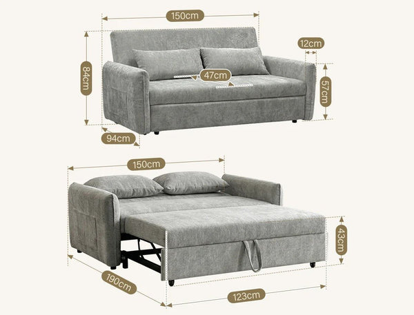 Camden Two Seater Sofa Bed with Storage, Pull Out Double Sofa Bed, Chenille Upholstered Convertible Sofa for Living Room & Guest Room, Light Grey - Sleek Furniture