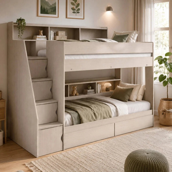 Camelot White Wooden Storage Bunk Bed with Staircase, Built-In Drawers & Shelving - Sleek Furniture