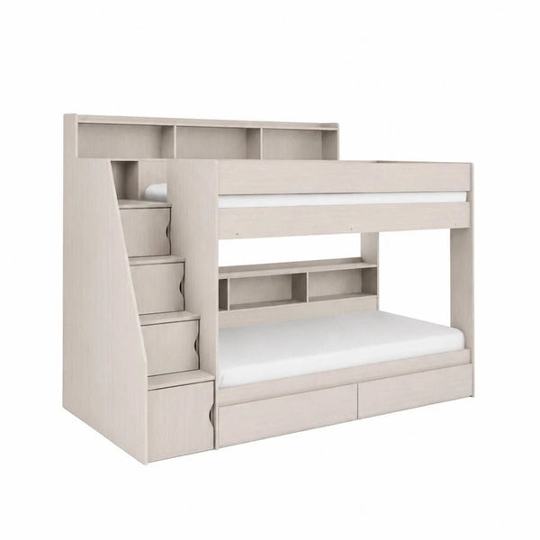 Camelot White Wooden Storage Bunk Bed with Staircase, Built-In Drawers & Shelving - Sleek Furniture