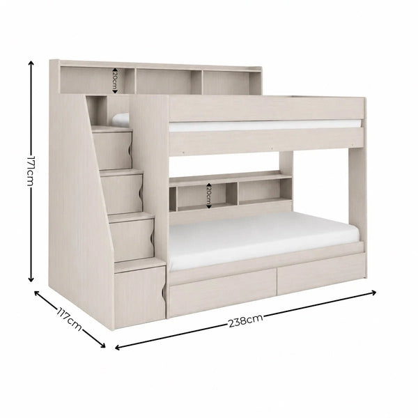 Camelot White Wooden Storage Bunk Bed with Staircase, Built-In Drawers & Shelving - Sleek Furniture